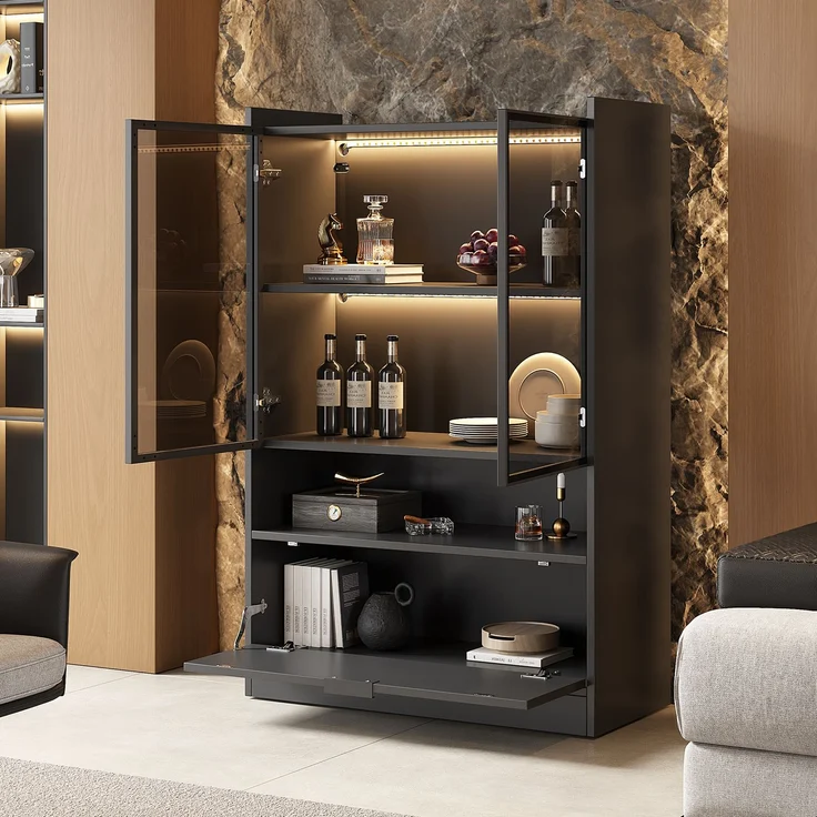 N625P250568569S) Moderne LED Vitrine Schwarz Matt Höhe 120cm mit app LED-Beleuchtung, Glasvitrine Standvitrine mit Beleuchtung, Wohnzimmerschrank mit Glastüren und Klapptür, Spanplatte Display Schrank--Schwarz--80x35x120cm--YOUDENOVA – Bild 1