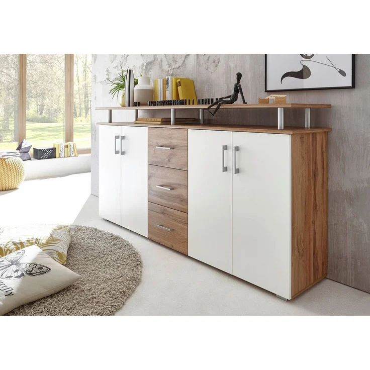LIFT Highboard mit Ablage in Wildeiche Optik, Weiß - Moderner Wohnzimmerschrank mit Schubladen und viel Stauraum für Ihren Wohnbereich - 178 x 90 x 38 cm (B/H/T) – Bild 5