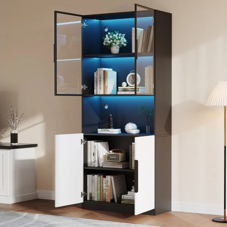 MODFU Vitrine weiße Türen mit schwarzer Dekoration (Bücherregal für Sammlerstücke, 1-St, 4 Türen(2 Glastüren) mit Glastüren,LED-Leuchten,einstellbare Farbtemperatur und Helligkeit – Bild 4