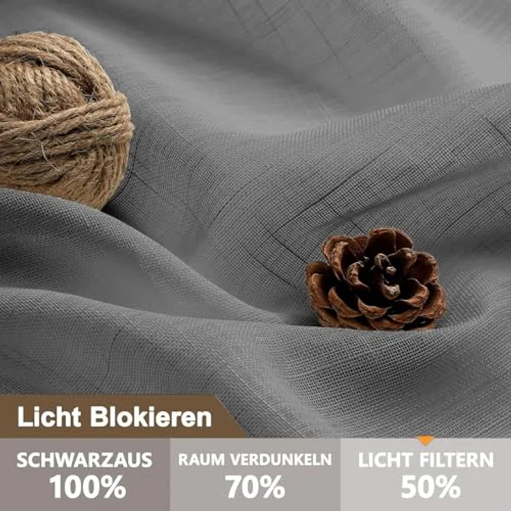 CUCRAF Leinenoptik Grau Voile Vorhänge mit Ösen Halbtransparent Gardine für Schlafzimmer Wohnzimmer H225 x B140cm 2er Set – Bild 3