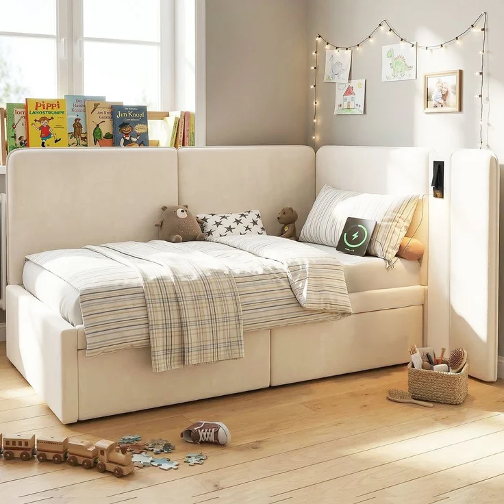 Merax Einzelbett, Kinderbett, Polsterbett, 90x200 cm Daybett, mit 2 Schubladen Aufladen Leselampe, Samt, beige – Bild 2