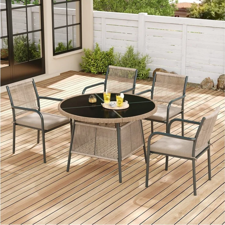 OKWISH Sitzgruppe Stuhl-Set 5-tlg. mit rundem Tisch 110x74 cm, 4 Armlehnstühle, (Set, 5-tlg, Modernes Gartenmöbel-Set aus Rattan), Eisengestell, Geeignet für Terrasse/Balkon/Deck – Bild 3