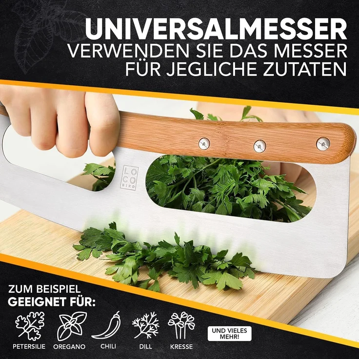 Loco Bird Pizzaschneider aus Edelstahl mit Bambusgriff und mit Klingenschutz, Allzweck-Wiegemesser: scharfe Klinge, robuster Griff - Edelstahl – Bild 7