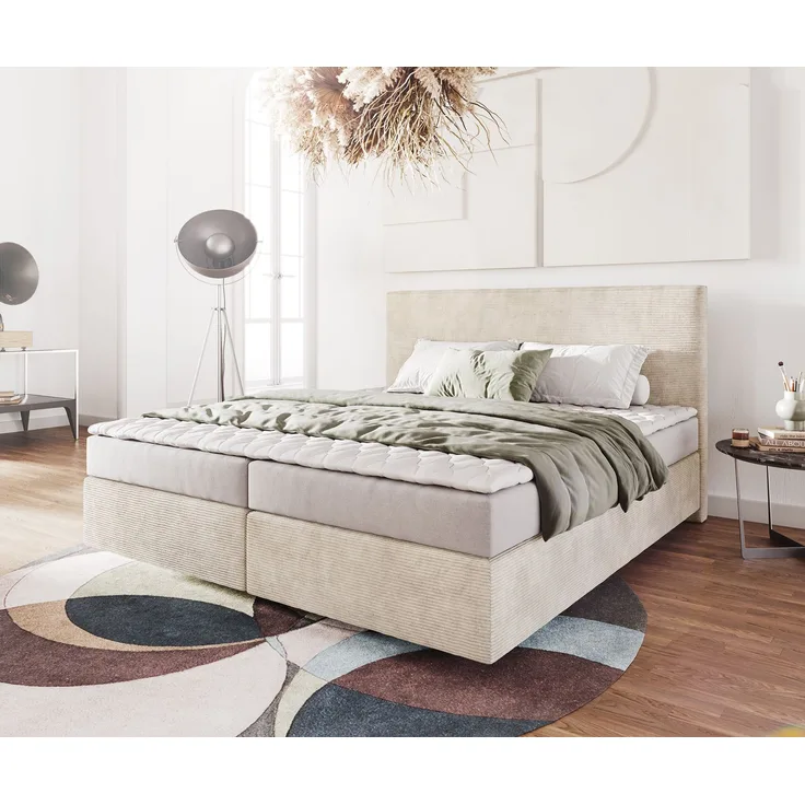 Boxspringbett Dream-Well 180x200 cm Cord Beige mit Matratze und Topper
