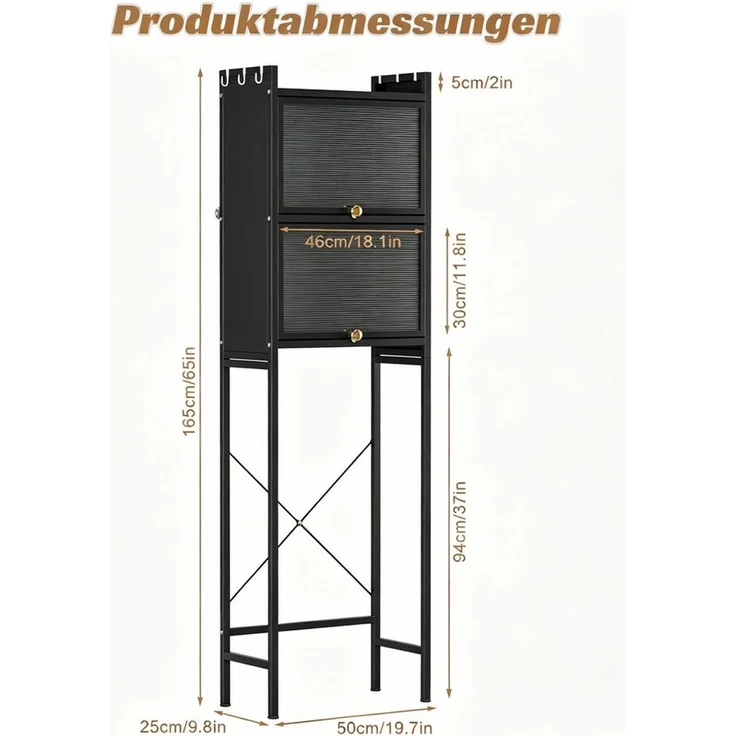 Rutaqian Badregal WC Regal mit Türen ohne Bohren Badezimmerregal Wasserdicht 50x25x165cm, Badregal mit Stauraum und PVC Türen, Platzsparender Badezimmerschrank – Bild 2