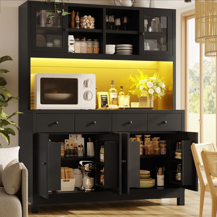 Hochbuffetschrank 140*38.5*180cm mit App-gesteuerter RGB-LED, Glastüren & 4 Schubladen, verstellbare Einlegeböden, belastbar bis 100kg, Schwarz--Schwarz--140x38.5x180cm--YOUDENOVA – Bild 4