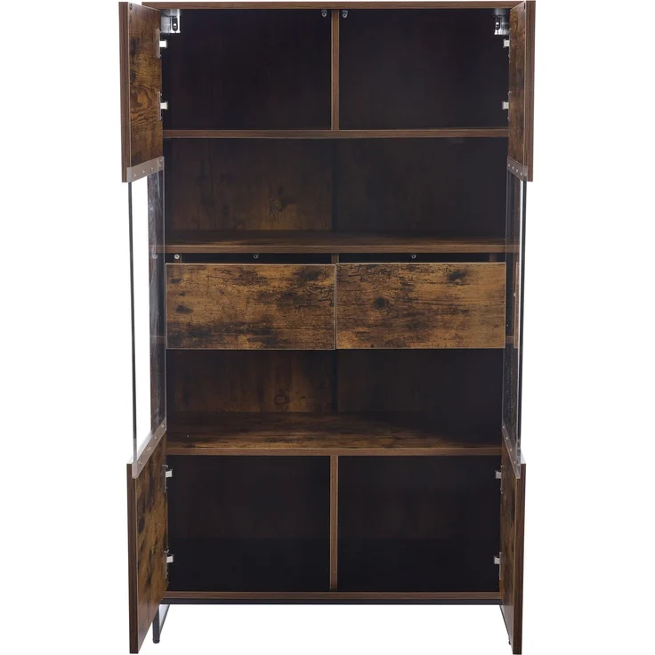 ZUBALIYA Vitrine (80 x 40 x 138 cm), 2 Türen und 2 Schubladen, LED - Beleuchtung, Transparente Elemente, Beige / Naturfarben / Schwarz – Bild 14