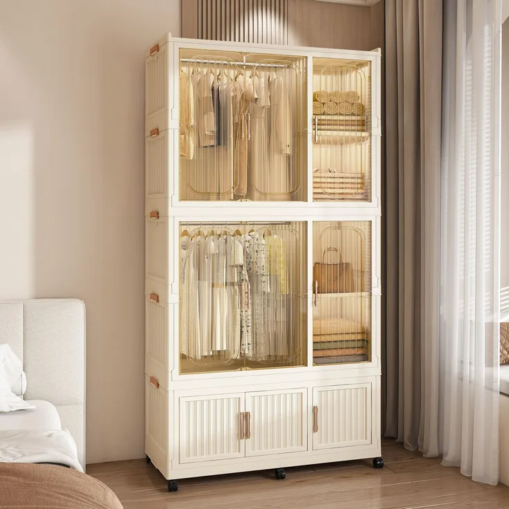 Kleiderschrank aus PP-Kunststoff mit 9 Magnettüren, 6 Rollen und 2 Kleiderstangen, 92x45x196 cm, Cremeweiß
