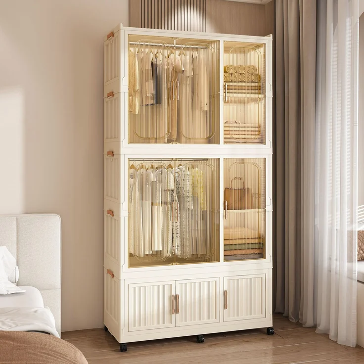 Kleiderschrank aus PP-Kunststoff mit 9 Magnettüren, 6 Rollen und 2 Kleiderstangen, 92x45x196 cm, Cremeweiß – Bild 1