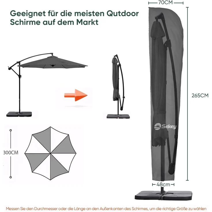 Sekey Schutzhülle für Ampelschirm / Sonnenschirm, Abdeckhauben für Sonnenschirm | 265×48/70 cm – 100% Wasserdichter Polyester, UV-Beständig – Bild 2