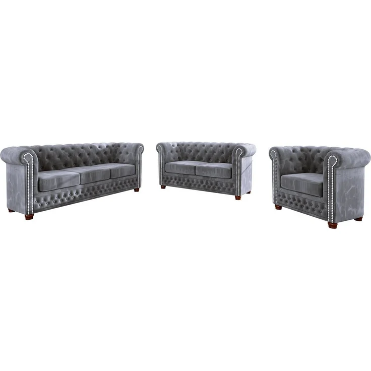 S-Style Möbel Chesterfield-Sofa Leeds 3-Sitzer aus Samt-Stoff mit Holzfüßen, mit Wellenfederung – Bild 3