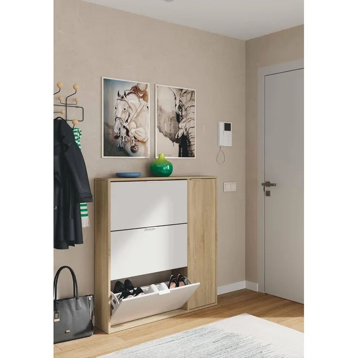 Dmora - Schuhschrank Provo, Schuhschrank mit 4 Türen, Niedriger Mehrzweckschrank mit 5 Einlegeböden, Modernes Schuhregal, 106x22h115 cm, Eiche und Weiß
