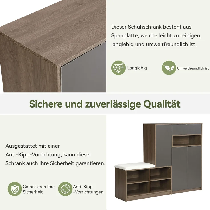 Grau Schuhschrank Mit Sitzbank 140cm Breit Grifflos Mit Rückprallvorrichtung Verstellbare Einlegeböden Schuhregal Mit Stauraum Für 15-20 Paar Schuhe Schuhbank Für Flur Eingangsbereich Moderner Aufbewahrungsschrank Mit Kippsicherung Hochwertige Spanplat... – Bild 7
