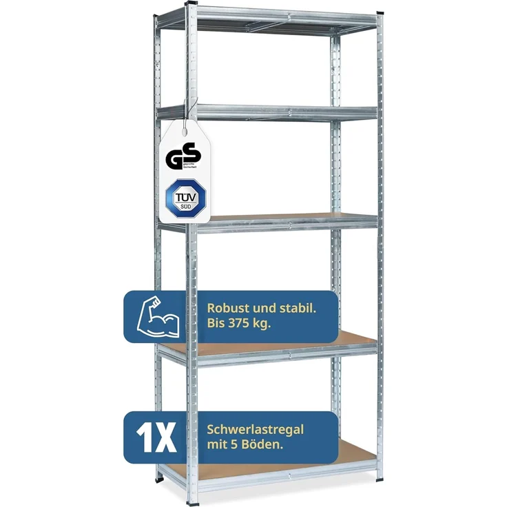 Grafner® Lagerregal 172 x 75 x 30 cm mit 5 Böden max. 375 kg Metall verzinkt Kellerregal Schwerlastregal – Bild 4