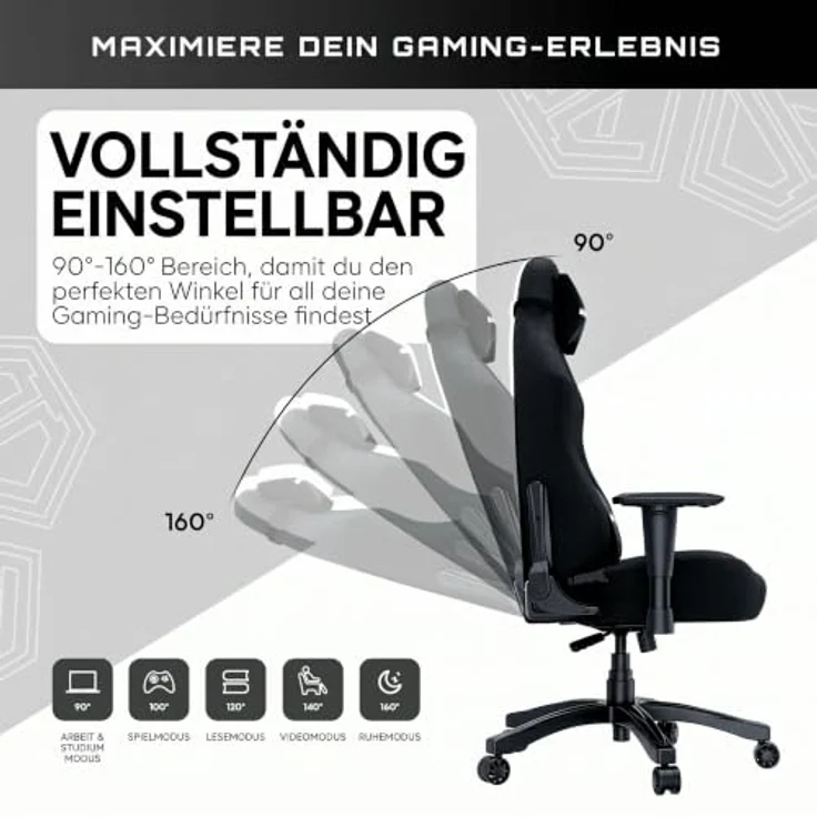 Anda Seat Luna Ergonomischer Gaming Stuhl - Großer Gamerstuhle für Erwachsene mit Lendenwirbelstütze, Gaming Sessel aus Leinenstoff, Nacken- und Rückenstütze, Schwarzer Gamer Stuhl – Bild 5