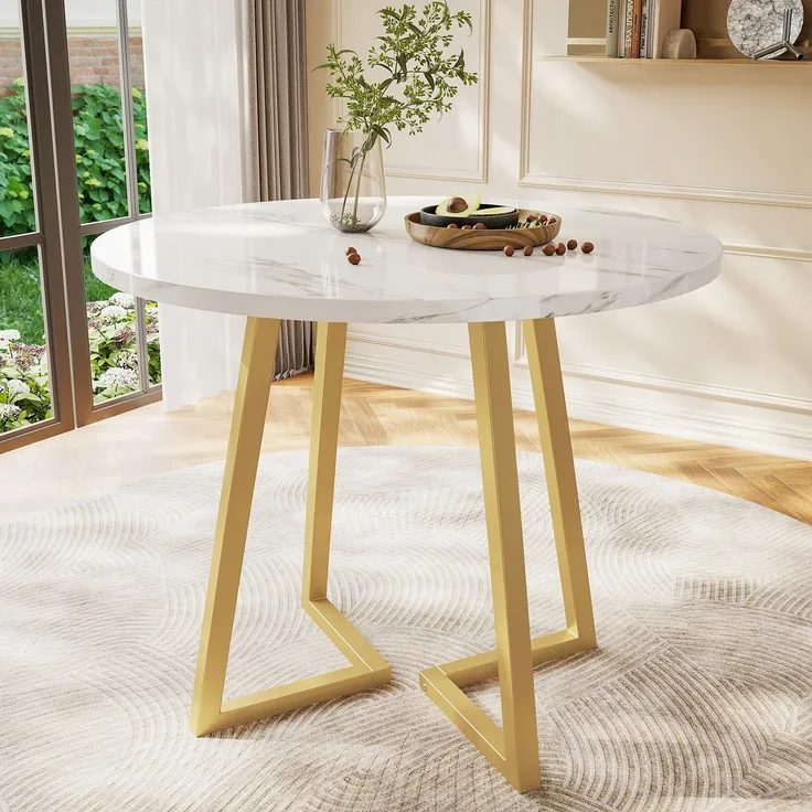 Runder Esstisch (1 Stück), Küchentisch, einzigartiges Metallgestell, Esstisch aus modernem Marmormuster, geeignet für Esszimmer, Wohnzimmer, Weiß/Gold