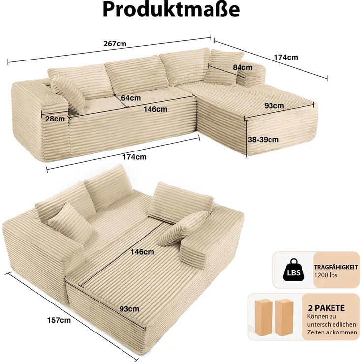 COMHOMA Sofa Big-Sofa, L-förmige Sofa, Couch Ecksofa, Chaiselongue Schlafsofa, mit tiefer Sitzfläche und breiten Armlehnen, Cordstoff – Bild 3