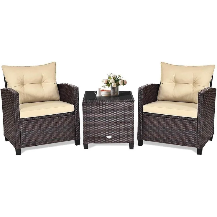 3tlg. Polyrattan Gartenmöbel Set Schwarz, Terrassenmöbel mit Tisch & 2 Stühlen