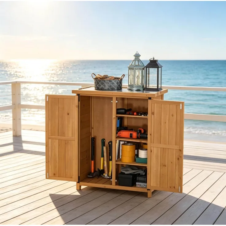 Gartenschrank 75 x 40 x 90 cm aus Tannenholz mit drei Regalböden und verzinktem Blechdach