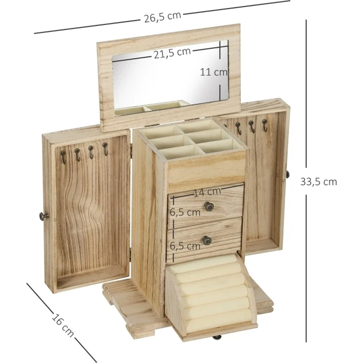 Schmuckbox, Schmuckschatulle, 4-stufiges Layout, integrierter Spiegel, Holz, Braun--Braun--26.5x16x33.5cm--YOUDENOVA – Bild 2