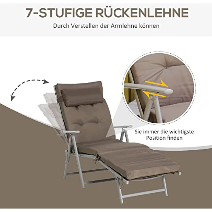 Outsunny Sonnenliege Gartenliege klappbar verstellbar mit Kissen, Metall/Texteline, Braun+Silber, bis 165 kg belastbar, 137 x 63,5 x 100,5 cm – Bild 4
