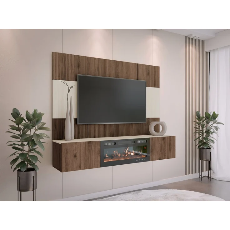 Wohnwand Deromi III mit Kamin (Farbe: Nuss Okapi + Travertin) – Bild 1