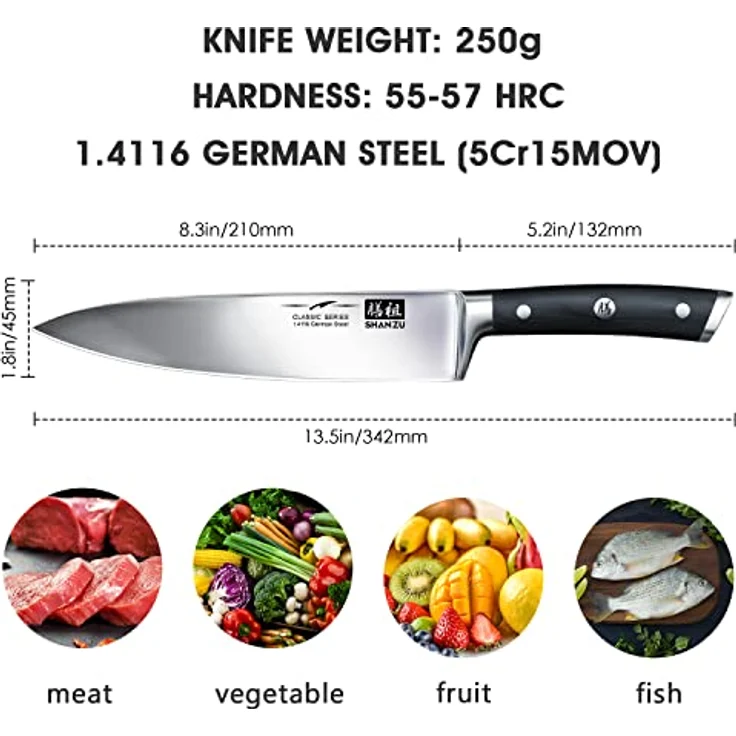 SHAN ZU Kochmesser Deutscher Edelstahl 20cm Küchenmesser Extra Scharfe Messerklinge mit ergonomischer Griff Exquisiter Geschenkverpackung – Bild 4