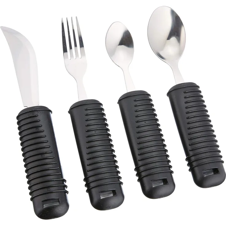 GIMA 4-Teiliges Besteckset mit Greifhilfe, Nicht Formbar, ideal für Senioren oder Behinderte, Gabel, Messer, Löffel und Teelöffel, breiter, Rutschfester Gummigriff, 28920