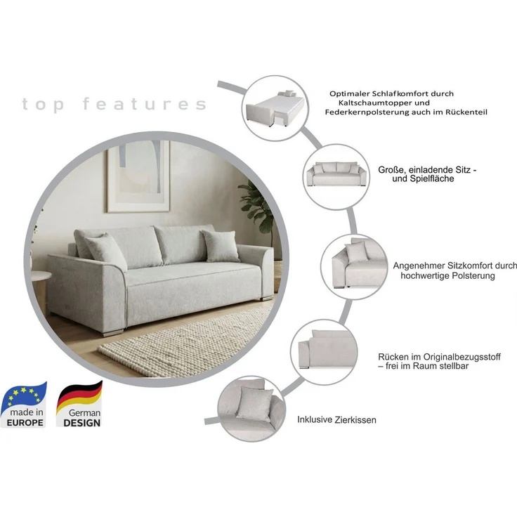 COLLECTION AB Schlafsofa Sara B: 241 cm, Liegefl. 137x195 cm, Bettkasten, optional mit Topper, Schlaffunktion, Couch mit Bonnellfederkern, Gästebettfunktion – Bild 4