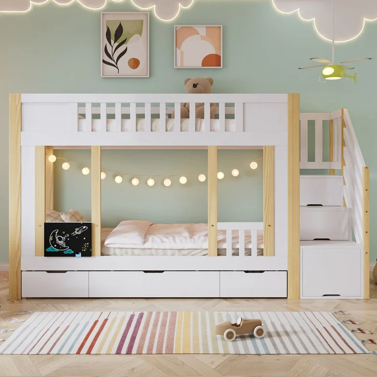 Etagenbett 90×200 cm platzsparendes Kinderbett mit Treppenschrank & 3 Schubladen auf Rollen,kleine Kritzeltafel,Weiß & Natur – Bild 3