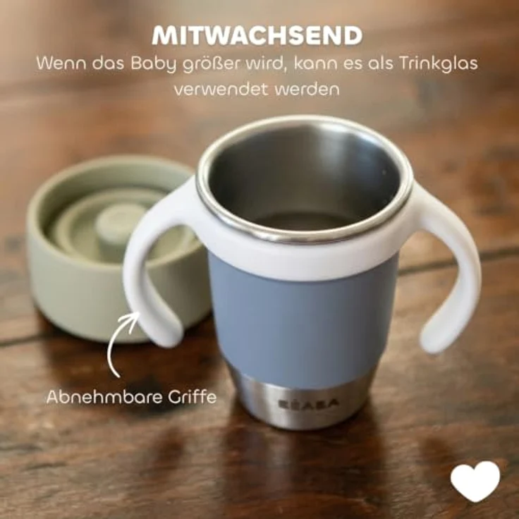 Béaba, Edelstahl-Lernbecher Click & Drink – 360°-Becher ohne Ventil, auslaufsicher, kippsicher, mitwachsend, 1-Klick-Öffnung, Baby- und Kinderbecher, 240 ml, Kiesel – Bild 5