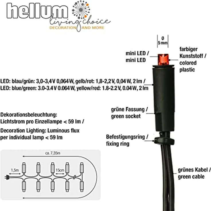hellum LED-Lichterkette innen, 220V strombetrieben Lichterkette bunt 50er LEDs, beleuchtete Länge 735m, Kabel grün Wohnzimmer Dekoration Weihnachtsbaum IP20 Stecker für Innen 150322 – Bild 4