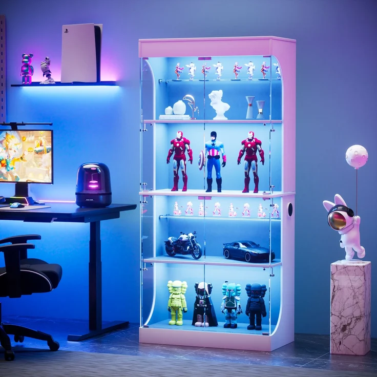 Glasvitrine 80 x 35 x 165 cm mit LED-Beleuchtung, Glastüren und Ladestation in Weiß – Bild 3