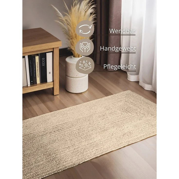 Hanse Home Juno Juteteppich - Natur Wohnzimmerteppich aus 100% Jute, Handgewebt - Robust & Pflegeleicht - Moderner, Boho Naturfaser Teppich für Wohnzimmer, Schlafzimmer - Reinweiß, 80x200 cm – Bild 3