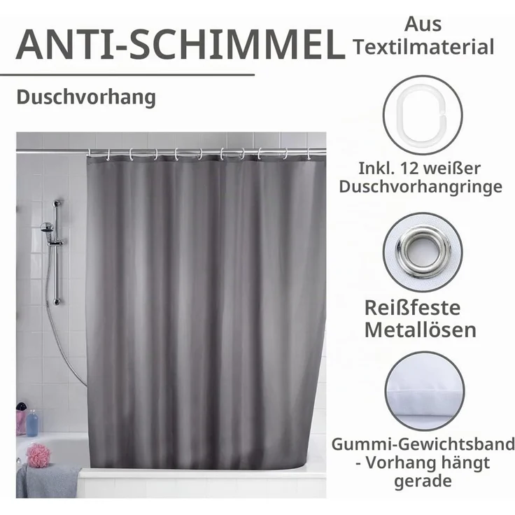 WENKO UNI Duschvorhang 180 x 200 cm, Grau, waschbar – Bild 2