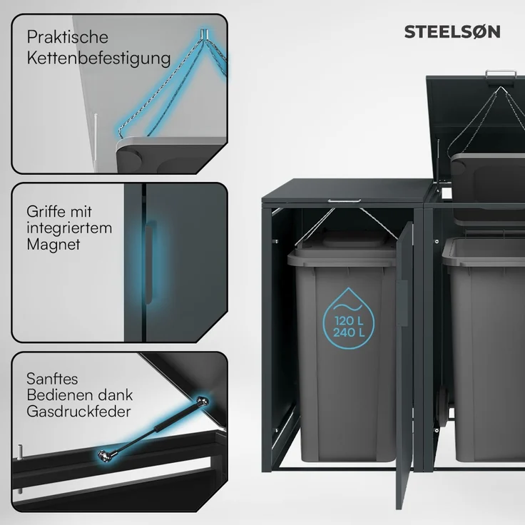 STEELSØN 'Thoria' Mülltonnenbox 3er je 240 Liter, anthrazit, Mülltonnenverkleidung aus Stahl, wetterfest, 116x80x203 cm, Müllbox für 3 Tonnen – Bild 3