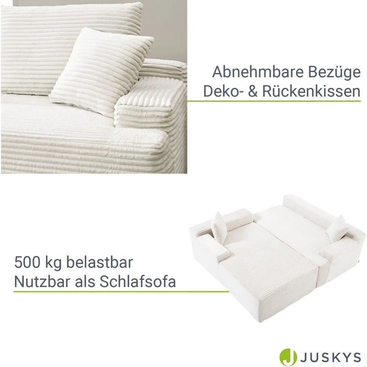 Juskys Sofa Coredo - modernes Cord Sofa mit Ottomane links, gemütliche Couch mit Schaumstoffpolsterung, Cordbezug & Kissen, modular - Creme – Bild 5