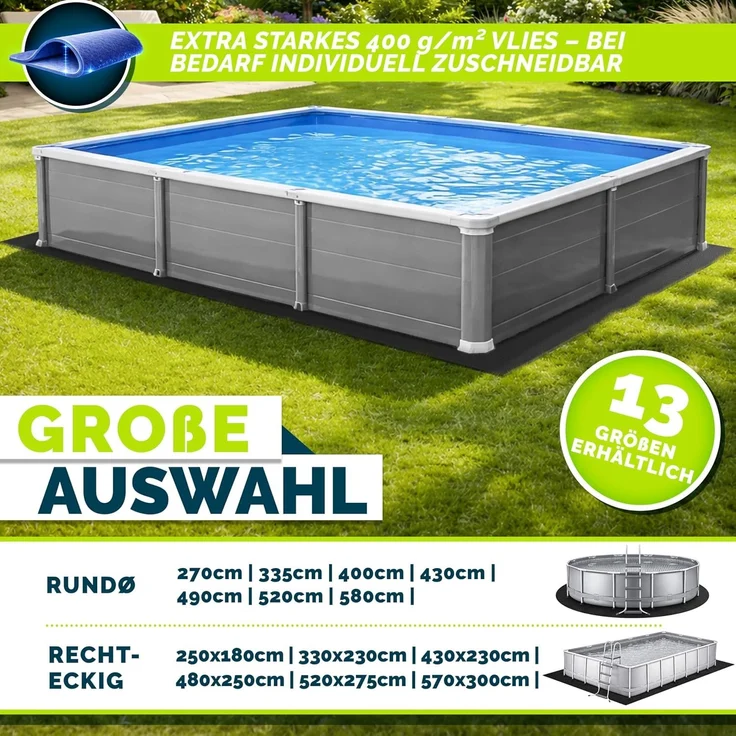 tillvex® Premium Pool Unterlage Rechteckig 250x180 cm Geotextil 400g/m² | Bodenplane für Pools bis 220x150 cm | Bodenschutzvlies zuschneidbar Schwimmbecken | Reißfeste Poolunterlage Bodenschutzmatte – Bild 2