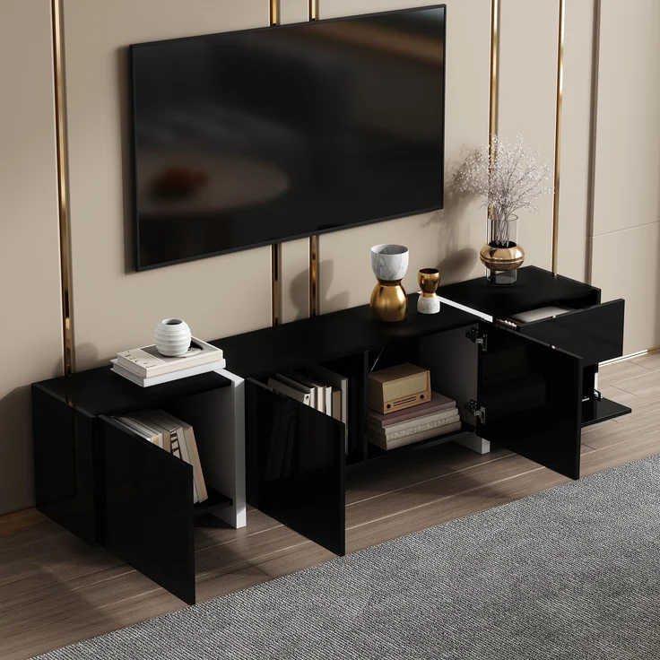 Eleganter TV-Ständer mit hochglänzendem Schwarz und weißen Beinen – 170 x 30 x 39 cm, 170x30x39 cm – Bild 8