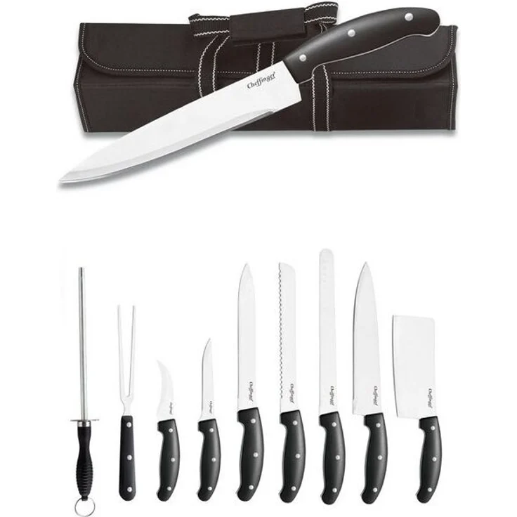 Cheffinger 10-teiliges Messer-Set aus Edelstahl mit Holzgriff & Tragetasche – Bild 4