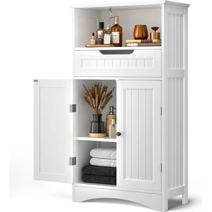 Bealife Badezimmerschrank, Badezimmer-Aufbewahrungsschränke mit großer Schublade, 2 Türen mit verstellbaren Regalen für Badezimmer, Wohnzimmer, Schlafzimmer, 108 x 60 x 30 cm, Weiß