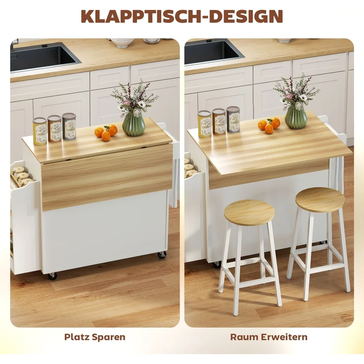 Wohnora-Kücheninsel, Küchenwagen auf Rollen, mit abklappbarer Arbeitsplatte, Schublade, Ablage, 120 x 68 x 85 cm, Weiß,H 850cm x T 1200cm x B 680cm – Bild 5