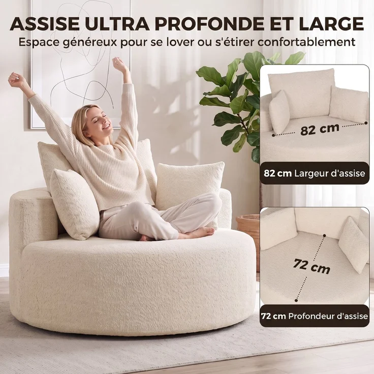 Runder Chenille-Sitzsack, große Sitzfläche, 2 Kissen, 1 Rückenlehne, 1 Nackenrolle, Belastbarkeit 250 kg, 130 x 130 x 82 cm, Creme – Bild 6