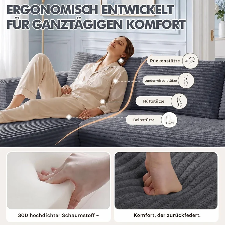 COMHOMA Ecksofa mit Schlaffunktion, 228cm Corduroy Modulares Boneless Couch mit Chaiselongue & Rücken-Metallgestell, L-Form Schlafsofa mit offenem Design, Kissen & Seitentaschen,für Wohnzimmer, GRAU-R – Bild 6