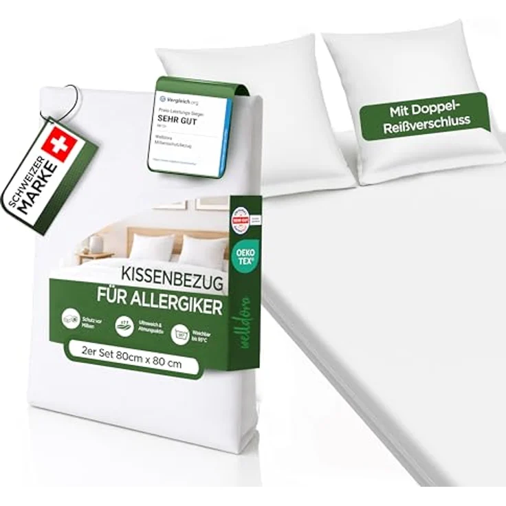 Welldora ǀ 2er-Set Milbenbezug Kissen 80x80 cm ǀ Fachärztlich getestet, hypoallergen, waschbar bis 95 Grad ǀ Premium Encasing gegen Milben & Bettwanzen – Bild 1