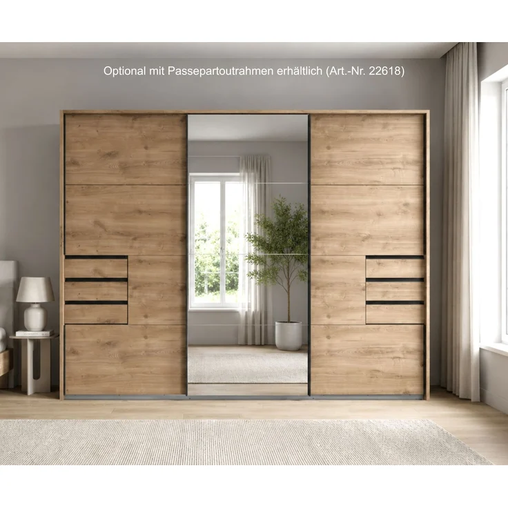 Schwebetürenschrank Kleiderschrank 3trg 270cm Eiche Dekor Spiegel u. Schubkästen – Bild 8