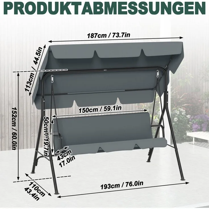 FIVMEN Hollywoodschaukel Gartenschaukel 3-Sitzer Gartenliege Schaukelbank Garten Schaukel, 193 x 110 x 152 cm, Metall Hängeschaukel mit Verstellbarem Sonnendach Liegefunktion