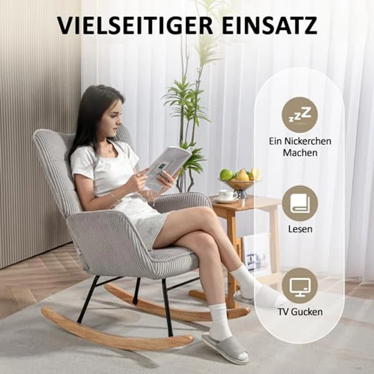 HOMCOM Schaukelstuhl, Schaukelsessel mit Kordoptik, Armlehne, Sessel mit Holzkufen, Relaxsessel für Wohnzimmer, Schlafzimmer, Hellgrau – Bild 7
