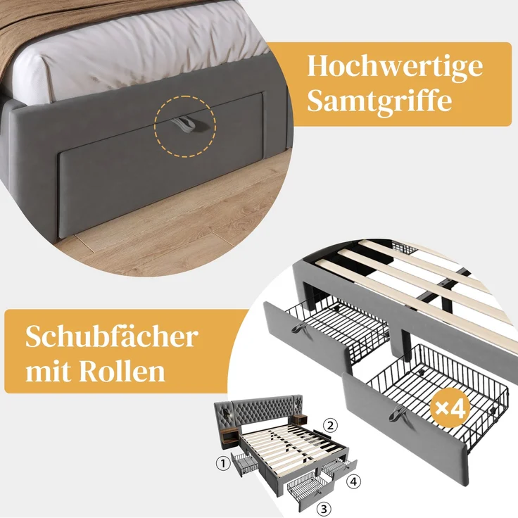 Bettanlage Schlafzimmer Komplett Set, Polsterbett Doppelbett 180×200 cm mit 2 Nachttischen und 4 Schubladen, Kopfteil Leselicht mit USB Ladefunkt – Bild 4
