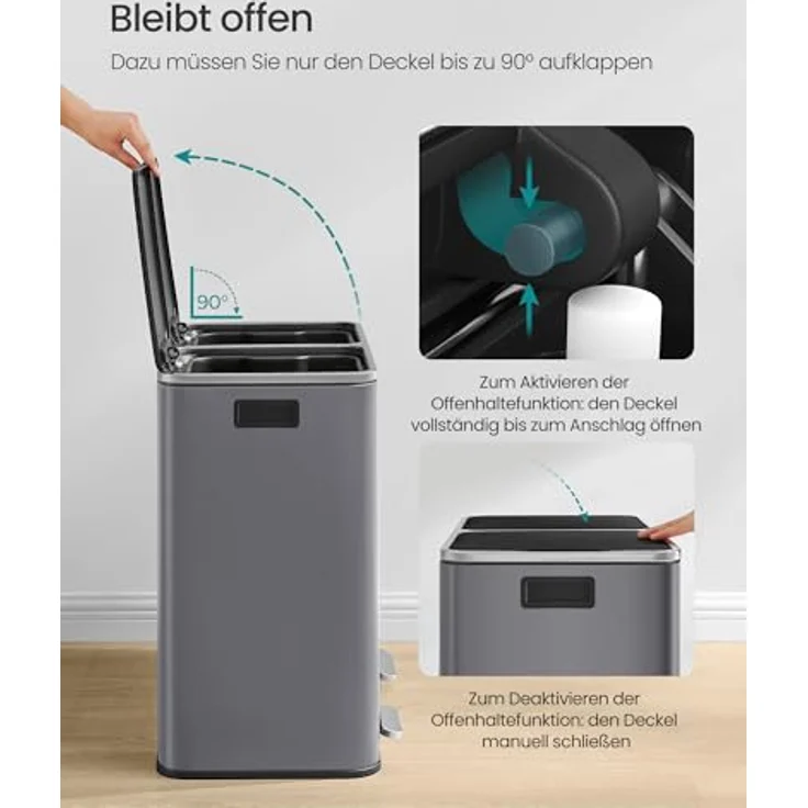 SONGMICS Mülleimer, 2 x 30 Liter, 2 Fächer, Mülltrennsystem, Treteimer, Abfalleimer Küche, 15 Müllsäcke, Metall, Inneneimer aus Kunststoff, Klappdeckel, Softclose, luftdicht, schiefergrau – Bild 6